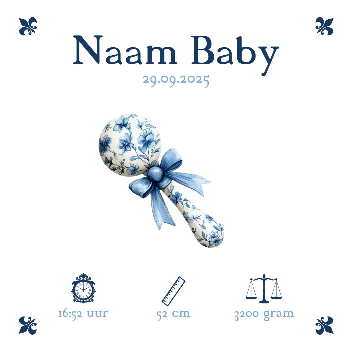 Baby tegeltje blauw rammelaar een delicaat blauw-wit bloemmotief babyrammelaar met satijnen strik