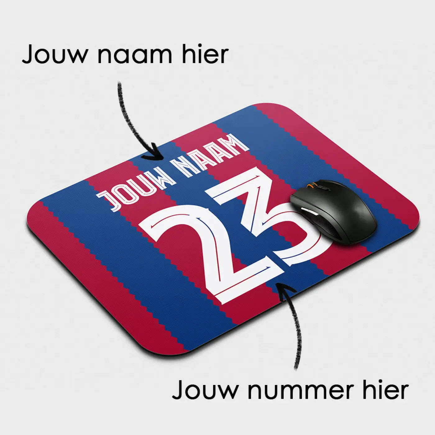 Customizable barcelona voetbal muismat with red and blue stripes and white number 23 design with personalization text