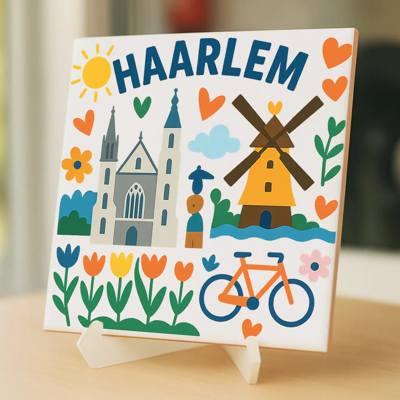 Kleurig keramisch tegel met illustratie van haarlem met kerk windmolen tulpen en harten haarlem cadeau tegeltje