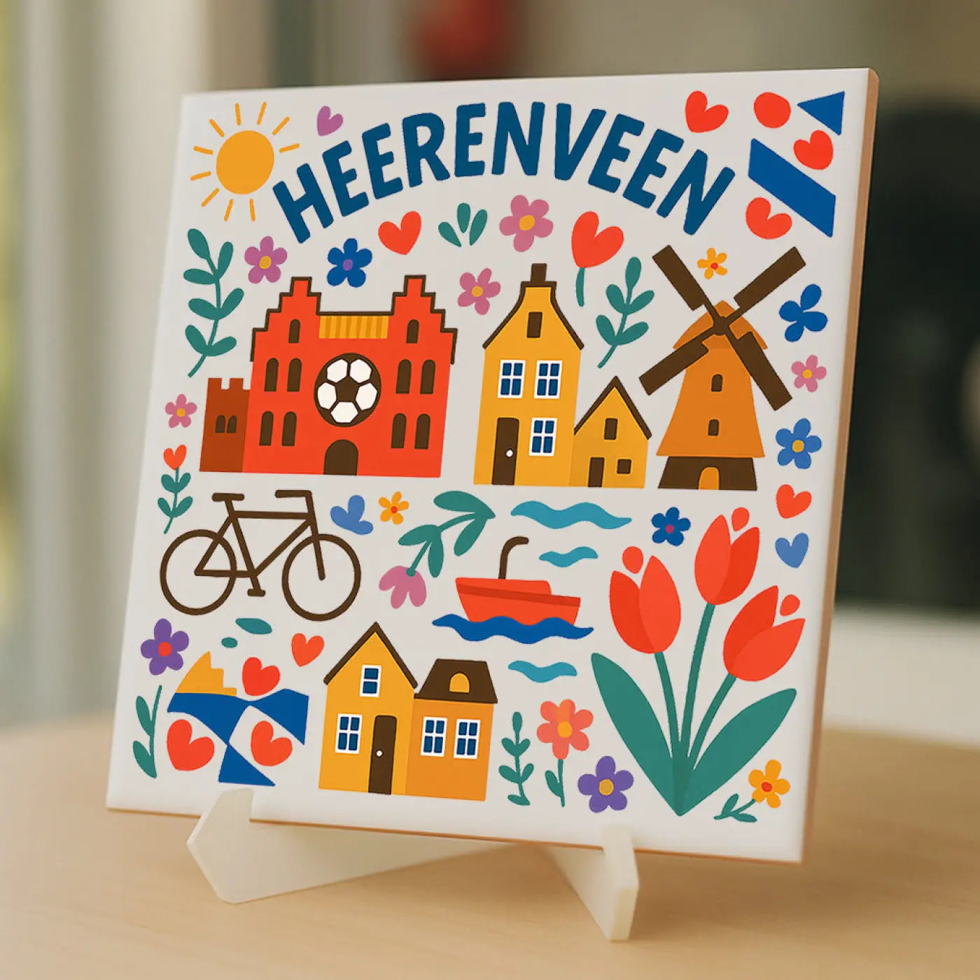 Heerenveen cadeau tegeltje met kleurrijke illustratie van dutse architectuur en natuur op keramische tegel