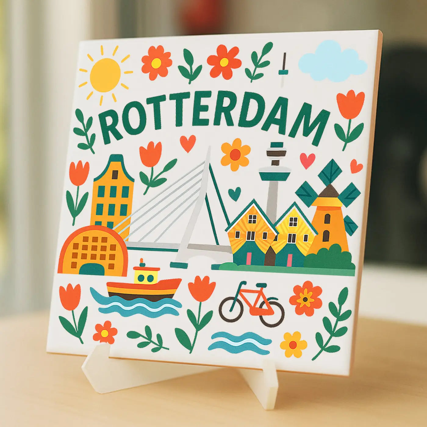 Rotterdam cadeau tegeltje met kleurrijk illustratief design van oranje tulpen en iconische landmarks zoals erasmusbrug
