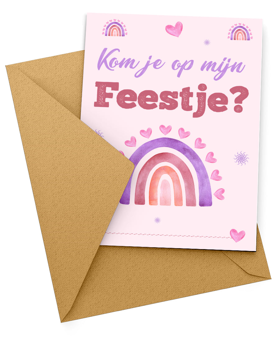 Uitnodiging: Uitnodiging Kinderfeestje Roze Regenboog (uitnodigingskaart) – Kleurmedia®