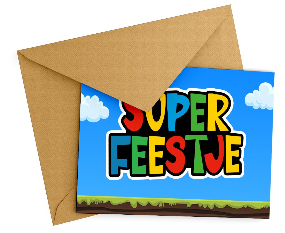 Uitnodiging: Uitnodiging Kinderfeestje Super Feestje (uitnodigingskaart) – Kleurmedia®