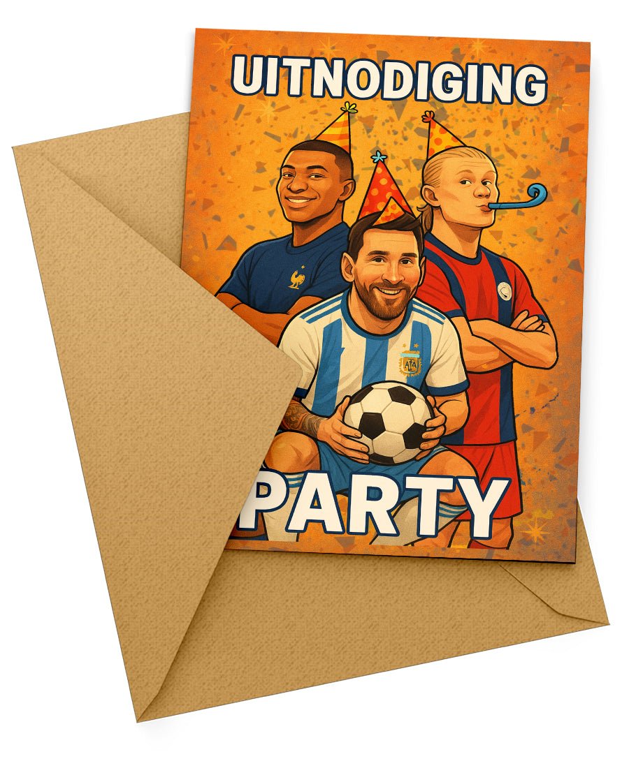 Uitnodiging: Uitnodiging Kinderfeestje Voetbal - Messi, Haaland & Mbappé (uitnodigingskaart) – Kleurmedia®