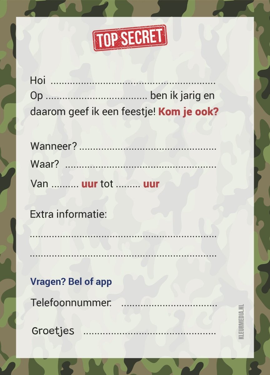 Uitnodiging kinderfeestje Camouflage - Kleurmedia kinderfeestjes
