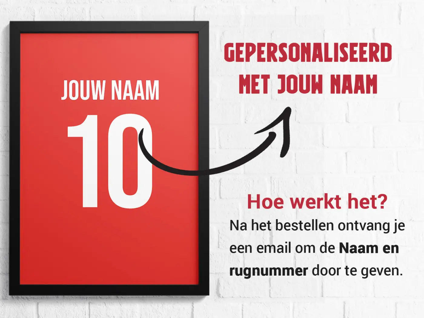Rood gepersonaliseerd wandkunst met gedurfde witte tekst jouw naam 10 en zwart frame alkmaar 3-delige posterset goal collection