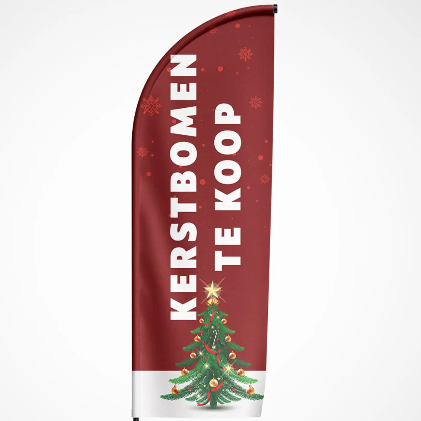 Beachvlag kerstbomen rood wit met kerstboom goudornamenten en tekst kerstbomen te koop voor feestelijke verkoop