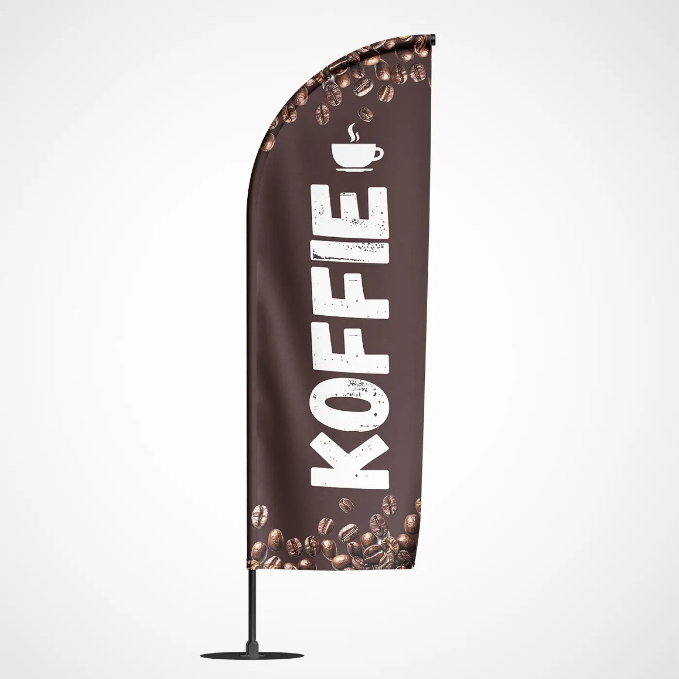 Bruine beachvlag koffie met witte letters en koffieboonprint voor promotie van koffieproducten