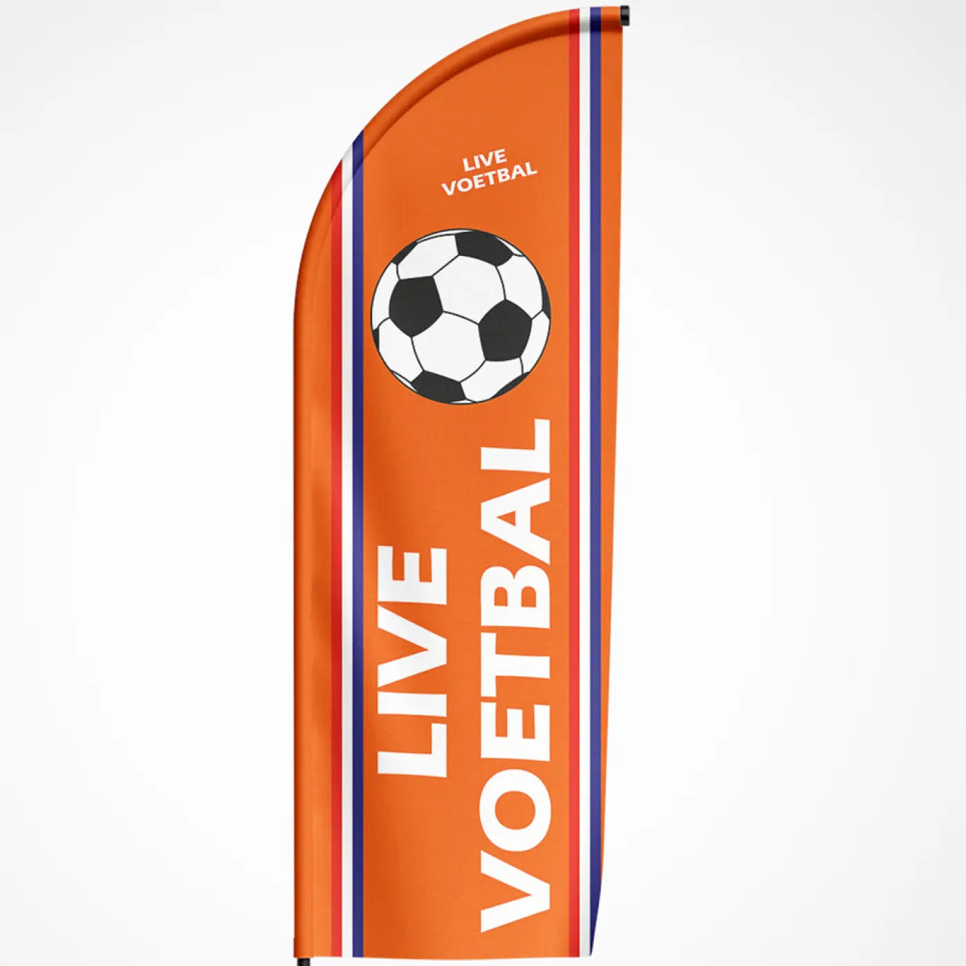Beachvlag live voetbal oranje met oranje veren, witte en blauwe strepen en zwart-witte voetbal afbeelding