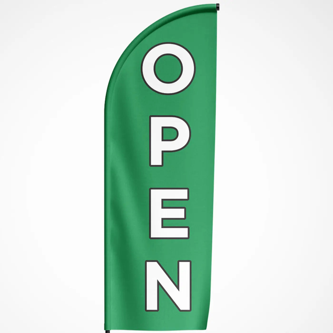 Groene beachvlag met dikke witte tekst open geschikt voor buitengebruik en reclame