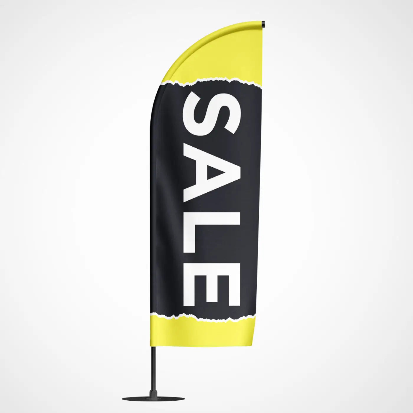 Beachvlag sale zwart met zwart gele scheurrand en sale tekst in witte letters