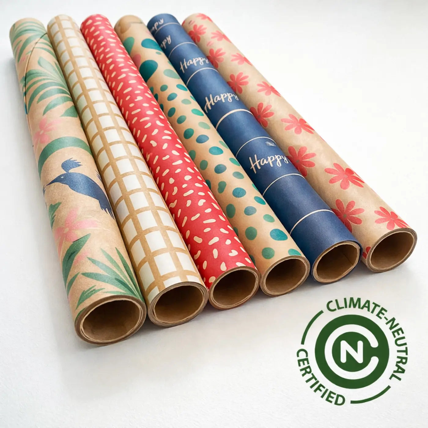 Rolletjes cadeaupapier luxe kraft met kleurrijke vogels bloemen en stippen in 6 rollen