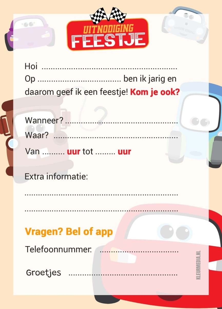 Uitnodiging Kinderfeestje Vrolijke Cars - Kleurmedia Uitnodiging Kinderfeestje Vrolijke Cars kinderfeestjes