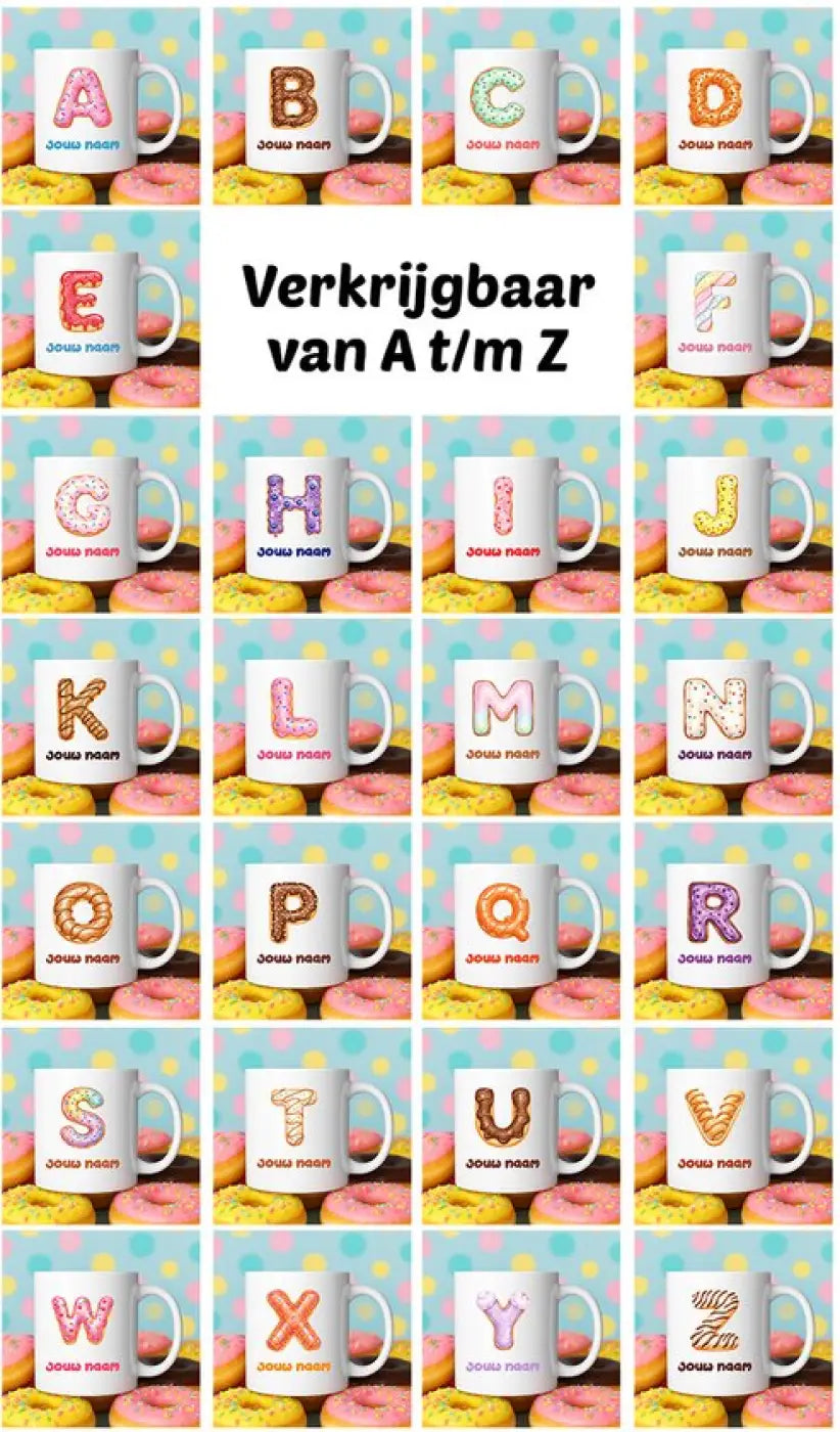 Witte keramische mokken met kleurrijke glinsterende letters van a tot z in speels lettertype donut mok g