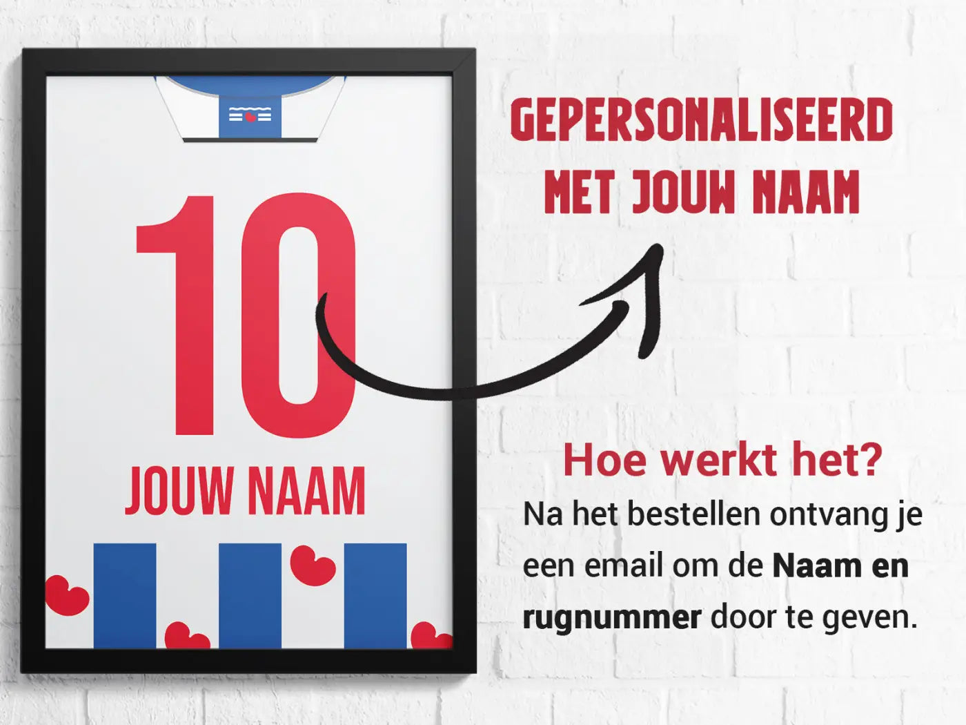 Een ingelijste poster van een aanpasbaar voetbalshirt met een opvallend rood nummer 10 uit de heerenveen goal collectie