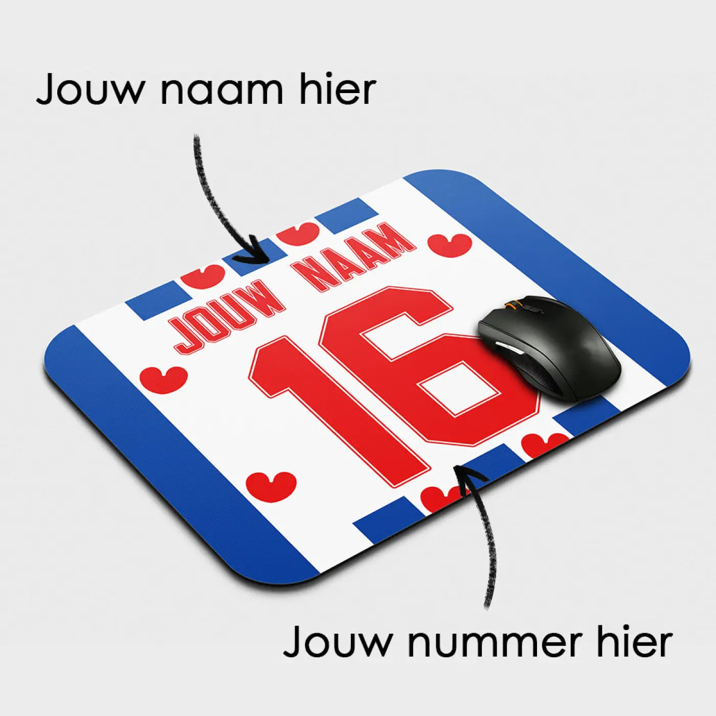 Heerenveen voetbal muismat blauw wit met rode harten en nummer 16 met aanpasbare naam en nummer