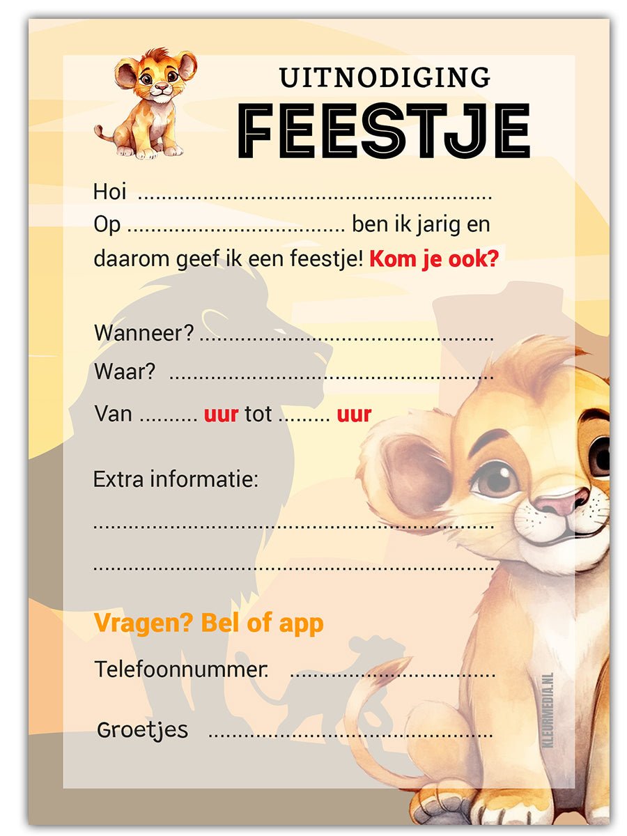 Uitnodiging Kinderfeestje Leeuwtje Lion King - Kleurmedia Uitnodiging Kinderfeestje Leeuwtje Lion King kinderfeestjes