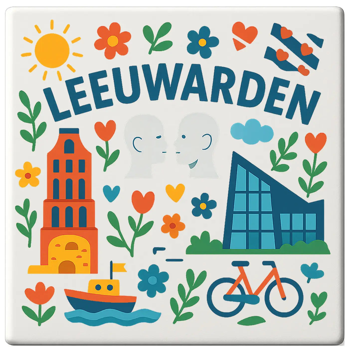 Vierkante keramische onderzetter leeuwarden cadeau tegeltje met kleurrijk ontwerp van oranje en blauwe gebouwen bloemen en fiets
