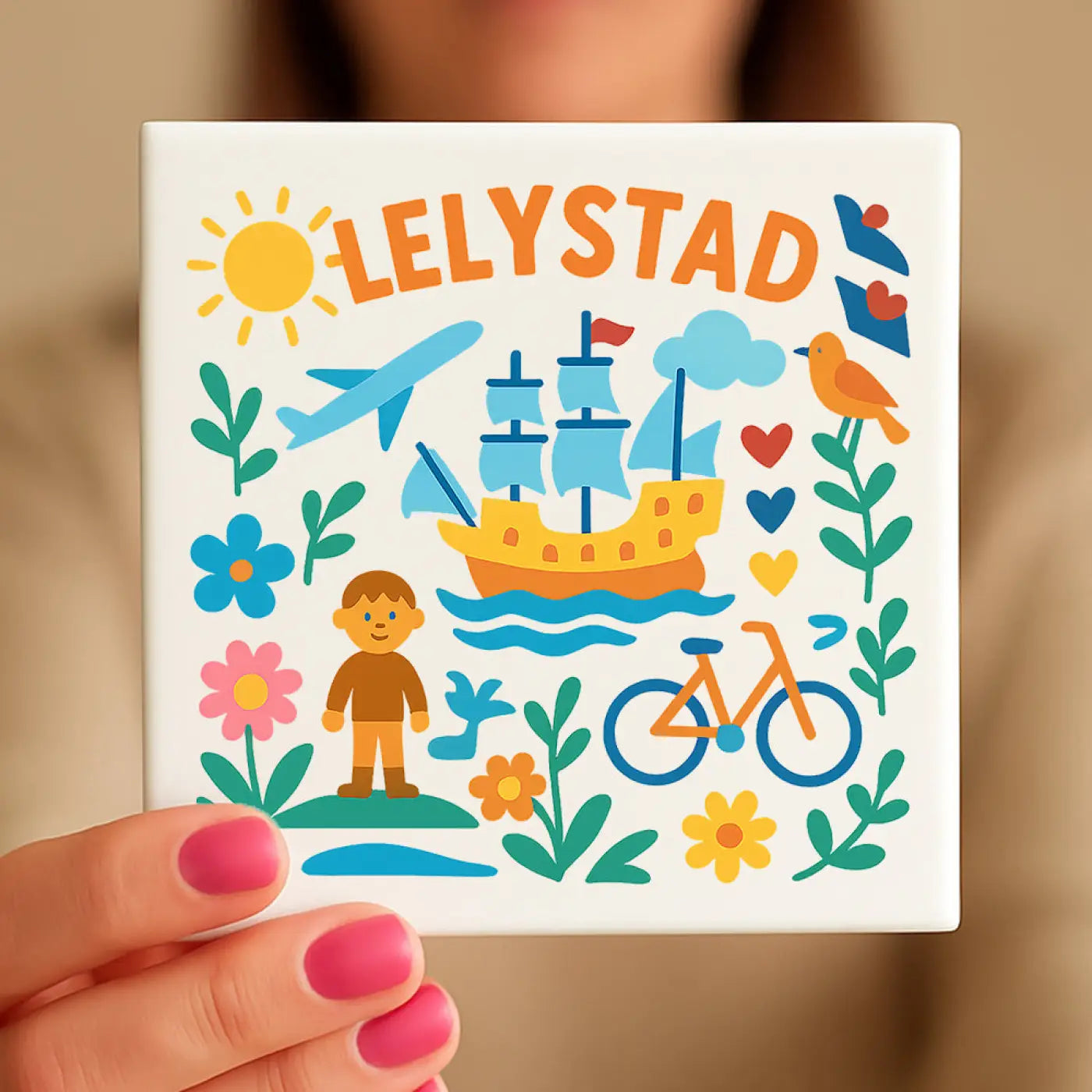 Vierkante witte keramische tegel lelystad met kleurrijke illustratie van schip fiets vliegtuig bloemen en vogels