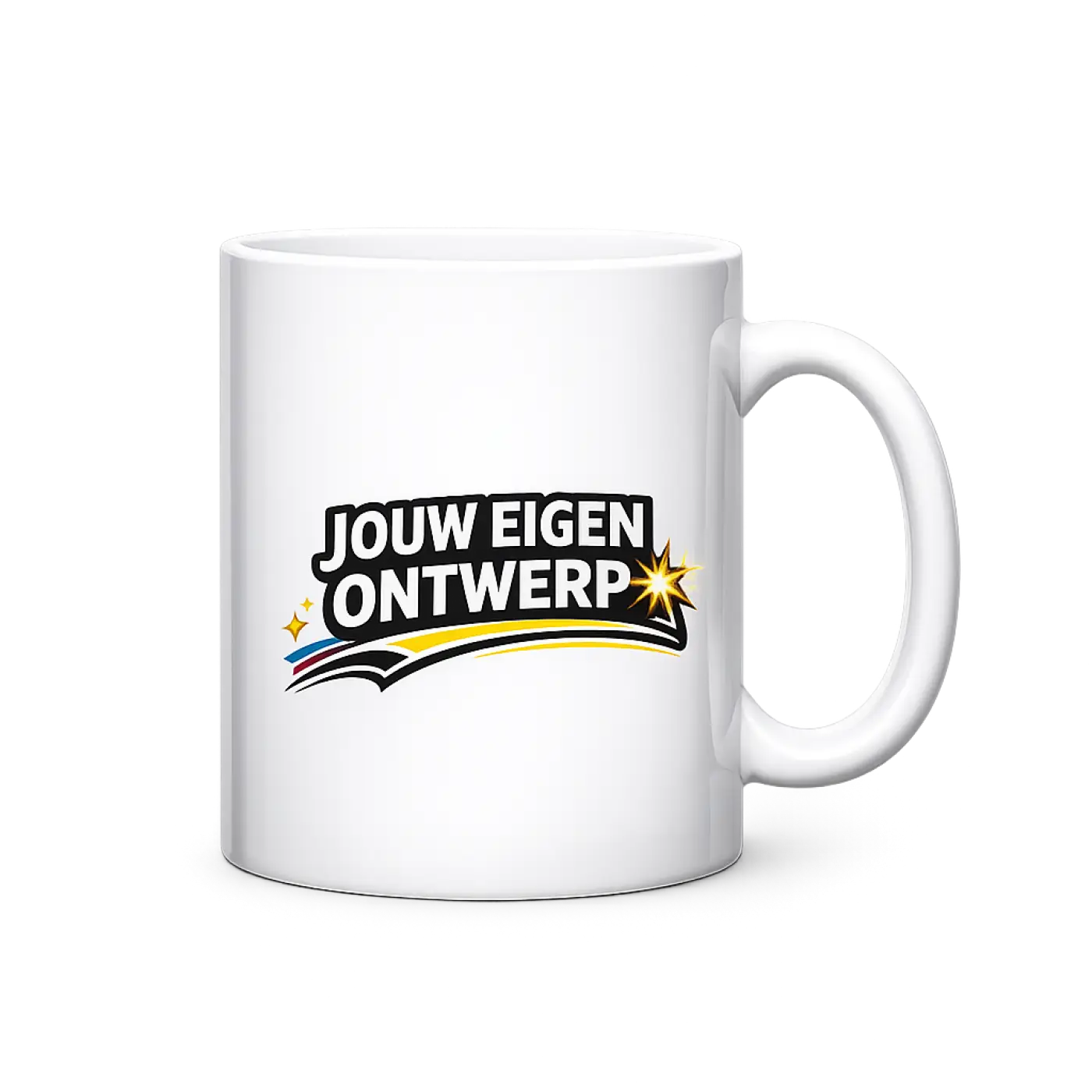Witte keramische mok met vet zwart geel en veelkleurig ontwerp en tekst jouw eigen ontwerp met steraccenten