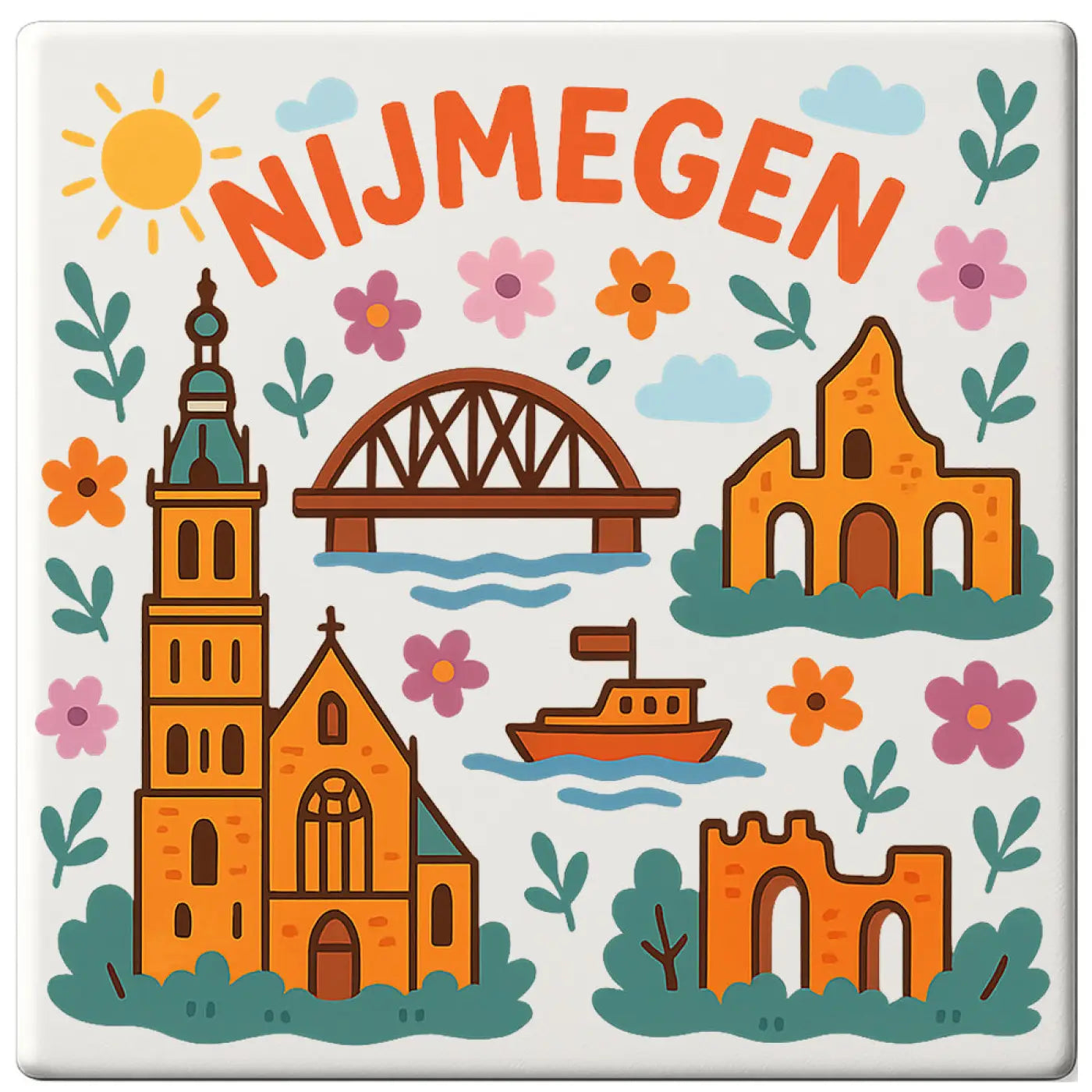 Vierkante keramische nijmegen cadeautegel met kleurrijke illustratie van oranje bruine gebouwen, brug, bloemen en boot