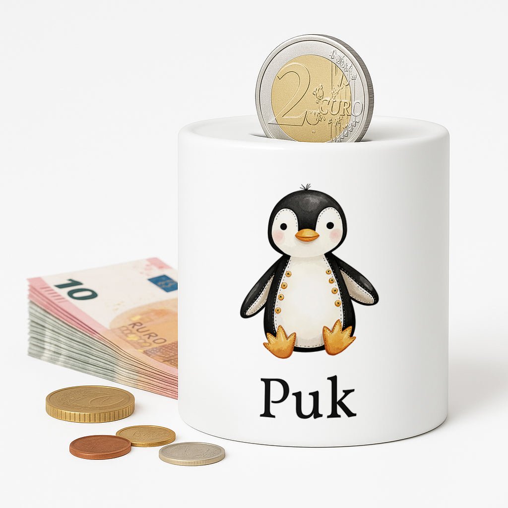 Spaarpot: Spaarpot met naam - Pinquin (keramische spaarpot) – Kleurmedia®