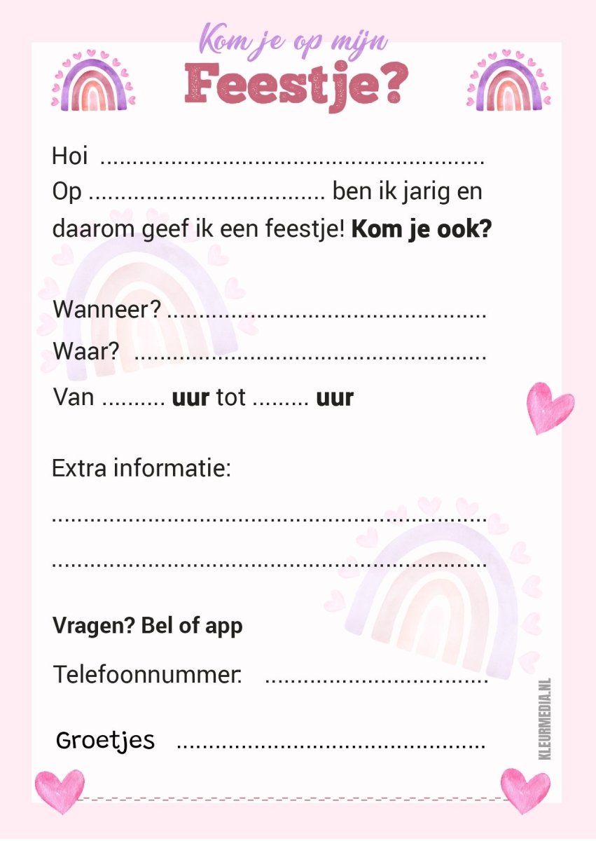 Uitnodiging Kinderfeestje Roze Regenboog - Kleurmedia Uitnodiging Kinderfeestje Roze Regenboog kinderfeestjes