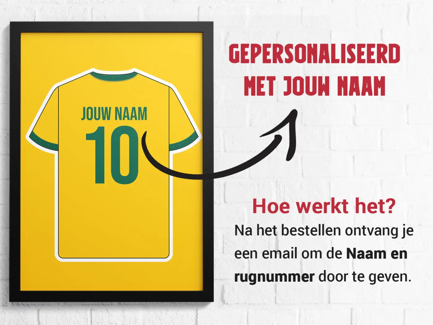 Gele lijst poster van sittard 3-delige posterset met gestileerd voetbalshirt groen nummer 10