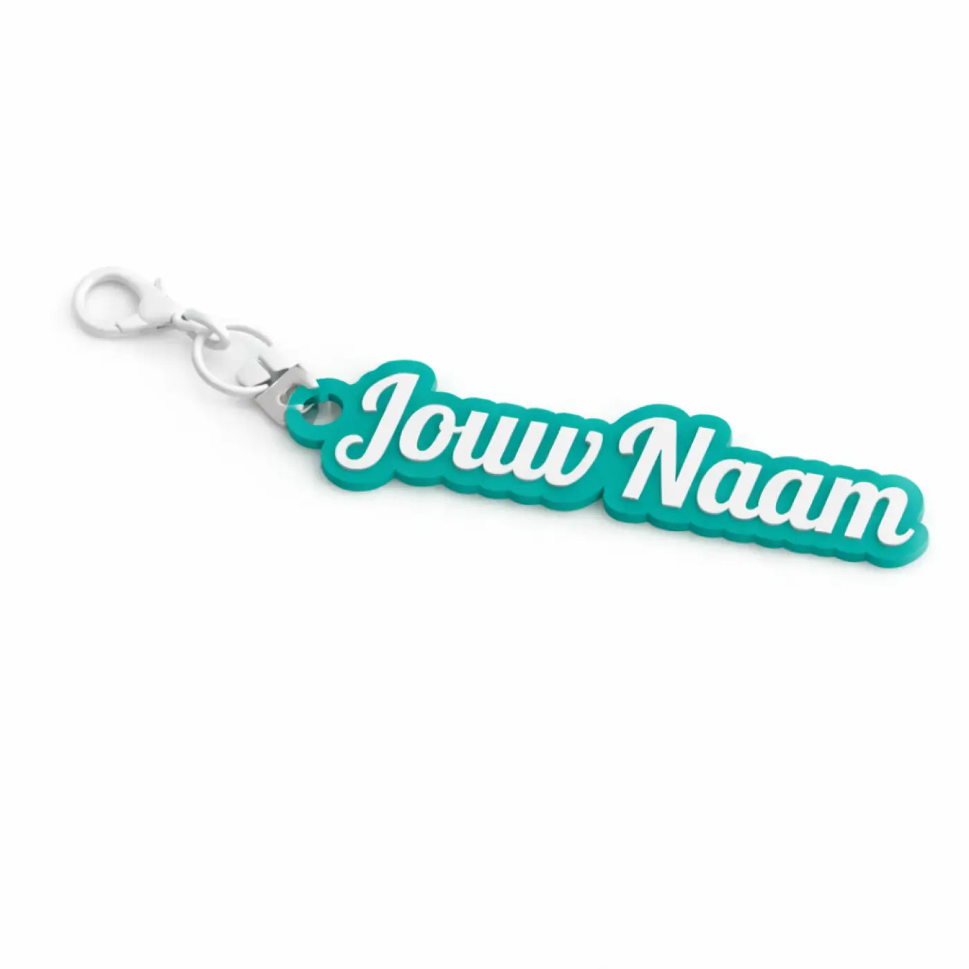 Sleutelhanger met naam groen van tealkleurig silicone met witte tekst jouw naam en zilverkleurige metalen clip
