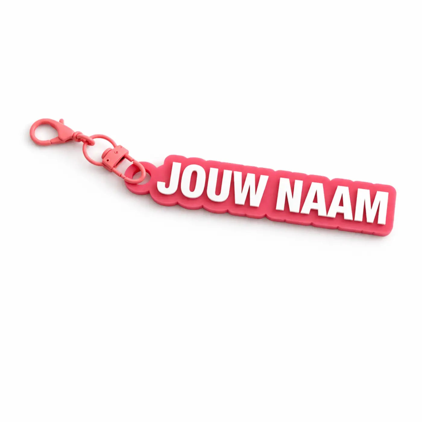 Roze sleutelhanger met naam van rubber en witte verhoogde letters met roze karabijnhaak
