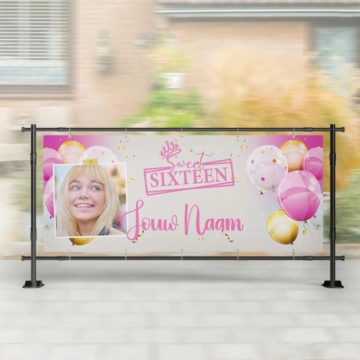 Roze wit goud sweet sixteen spandoek met foto van meisje, ballonnen, confetti en aanpasbare naamtekst