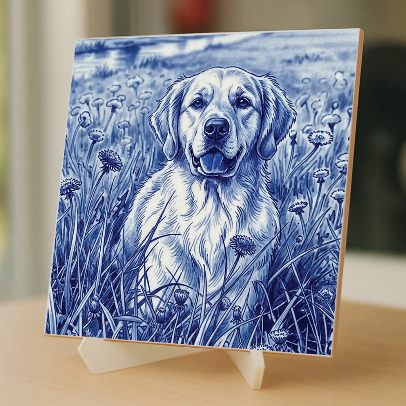 Tegeltje delfts blauw 15 x 15 cm met blauwe en witte keramische tegel en gedetailleerde afbeelding van golden retriever in bloemenveld
