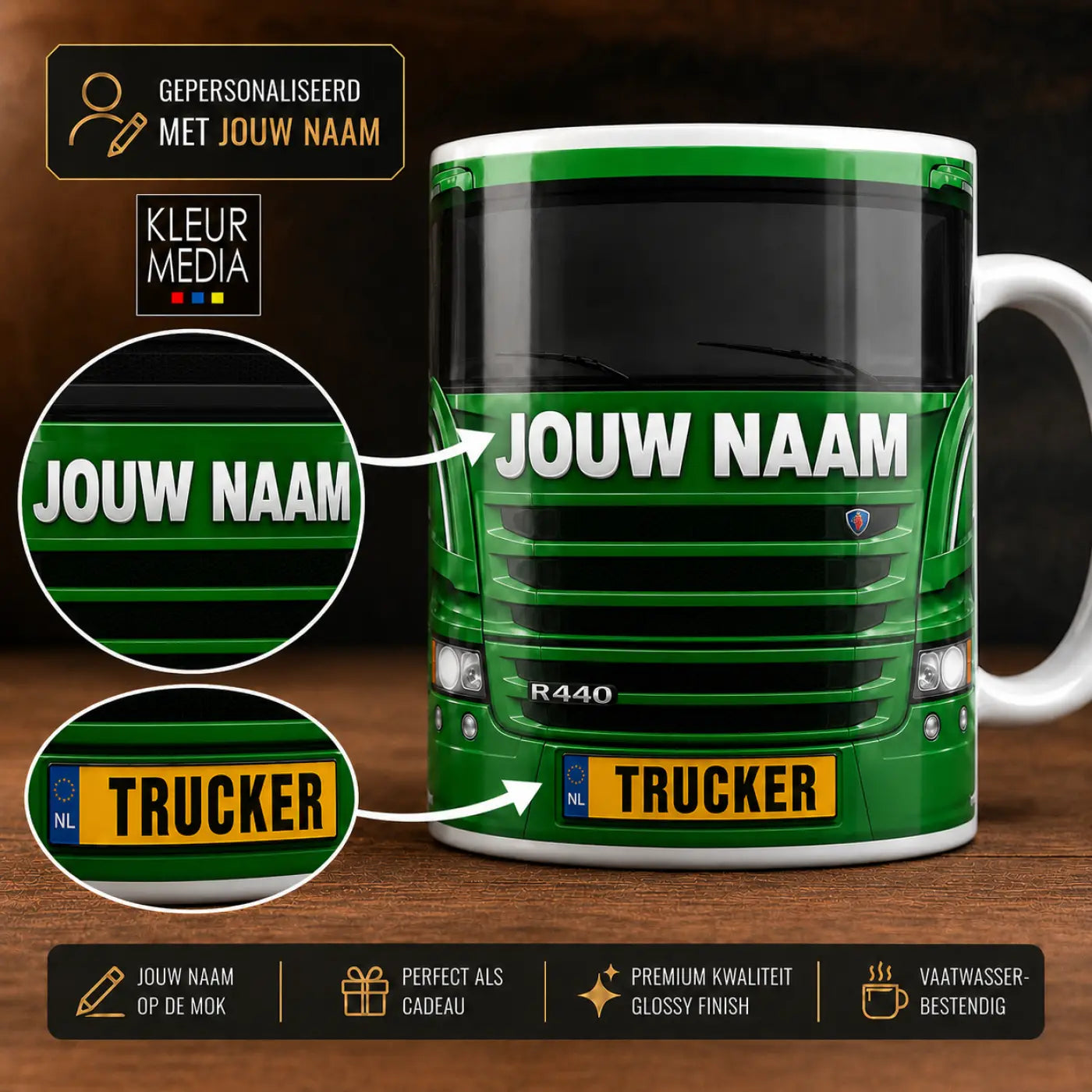 Truckersmok - Groen - Gepersonaliseerd met eigen naam en kenteken - vrachtwagen mokken