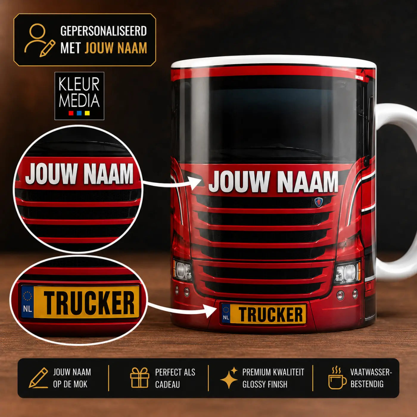 Truckersmok - Rood - Gepersonaliseerd met eigen naam en kenteken - vrachtwagen mokken
