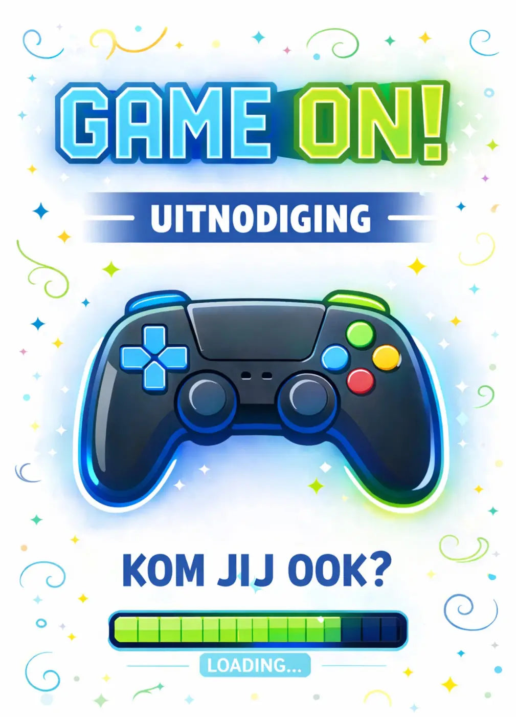 Zwart cartoon gaming controller met blauwe accenten en kleurrijke knoppen voor uitnodiging kinderfeestje gaming