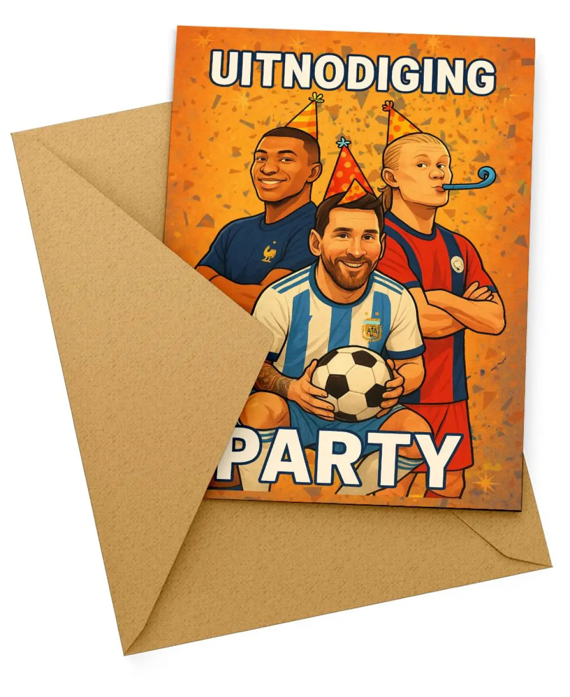 Uitnodiging Kinderfeestje Voetbal - Messi Haaland & Mbappé - 10 stuks - kaartjes + enveloppen - kinderfeestjes