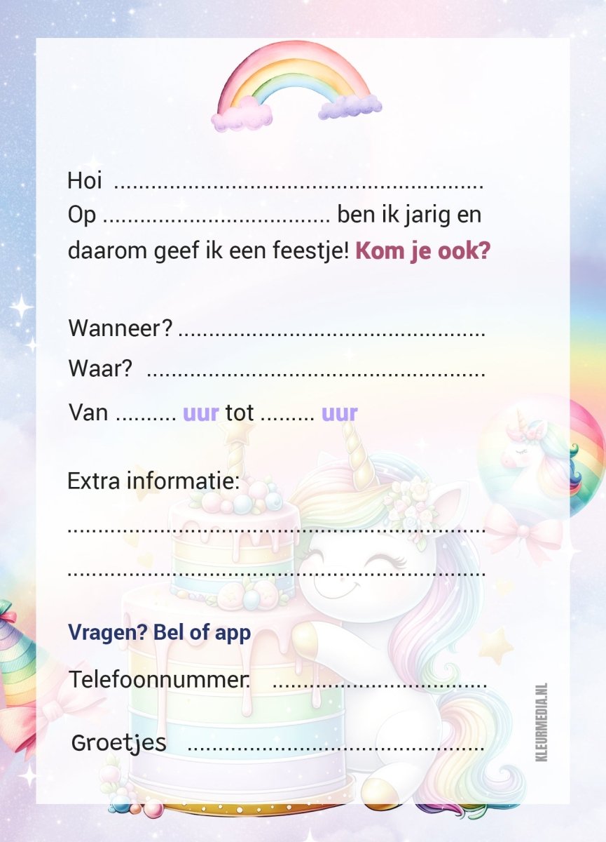 Uitnodiging kinderfeestje Unicorn - Kleurmedia kinderfeestjes