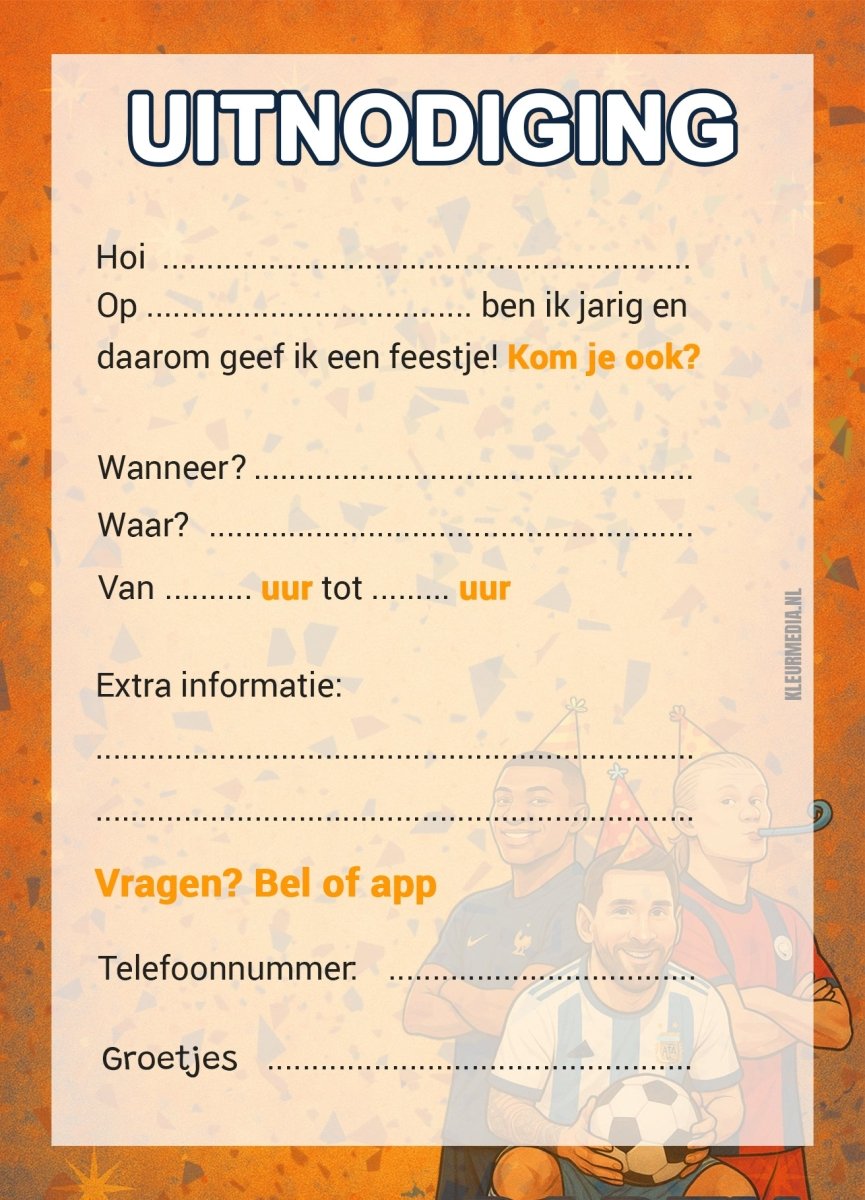 Uitnodiging Kinderfeestje Voetbal - Messi, Haaland & Mbappé - 10 stuks - Koning Spandoek Uitnodiging Kinderfeestje Voetbal - Messi, Haaland & Mbappé - 10 stuks
