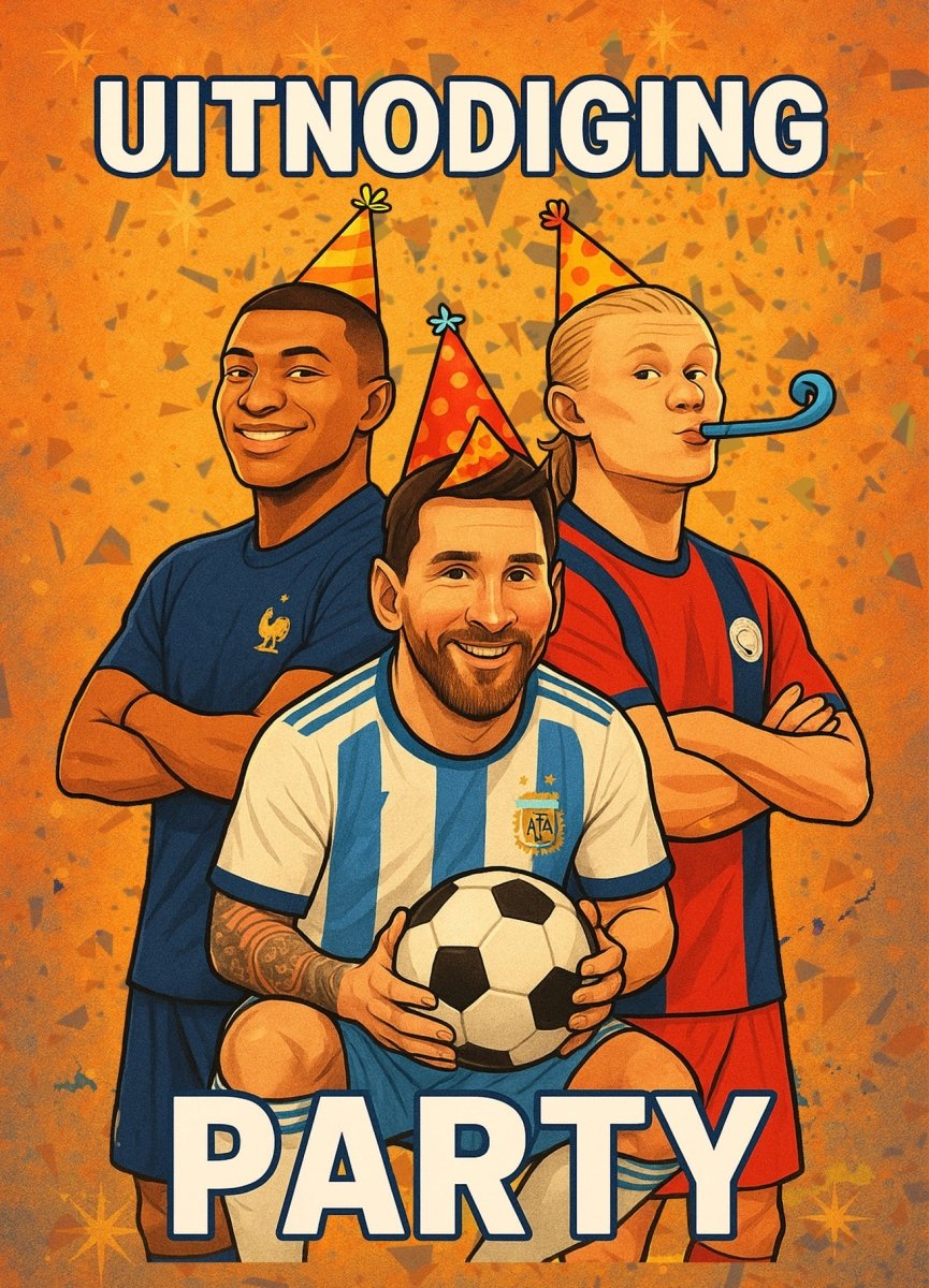 Uitnodiging Kinderfeestje Voetbal - Messi, Haaland & Mbappé - Kleurmedia Uitnodiging Kinderfeestje Voetbal - Messi, Haaland & Mbappé kinderfeestjes