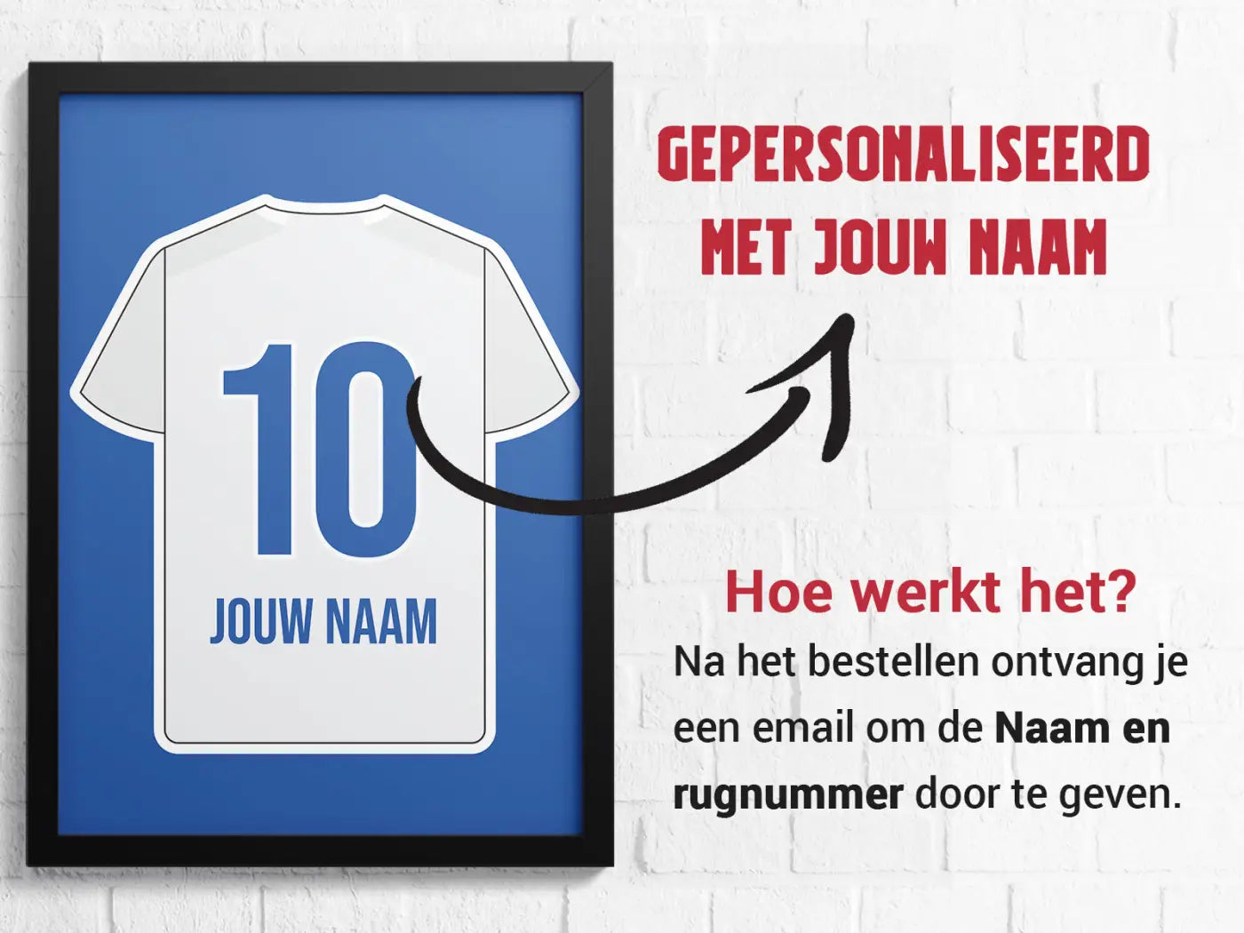 Witte voetbalshirt print met blauw nummer 10 en naam jouw naam op een lijstposter uit de zwolle 3-delige posterset star collection