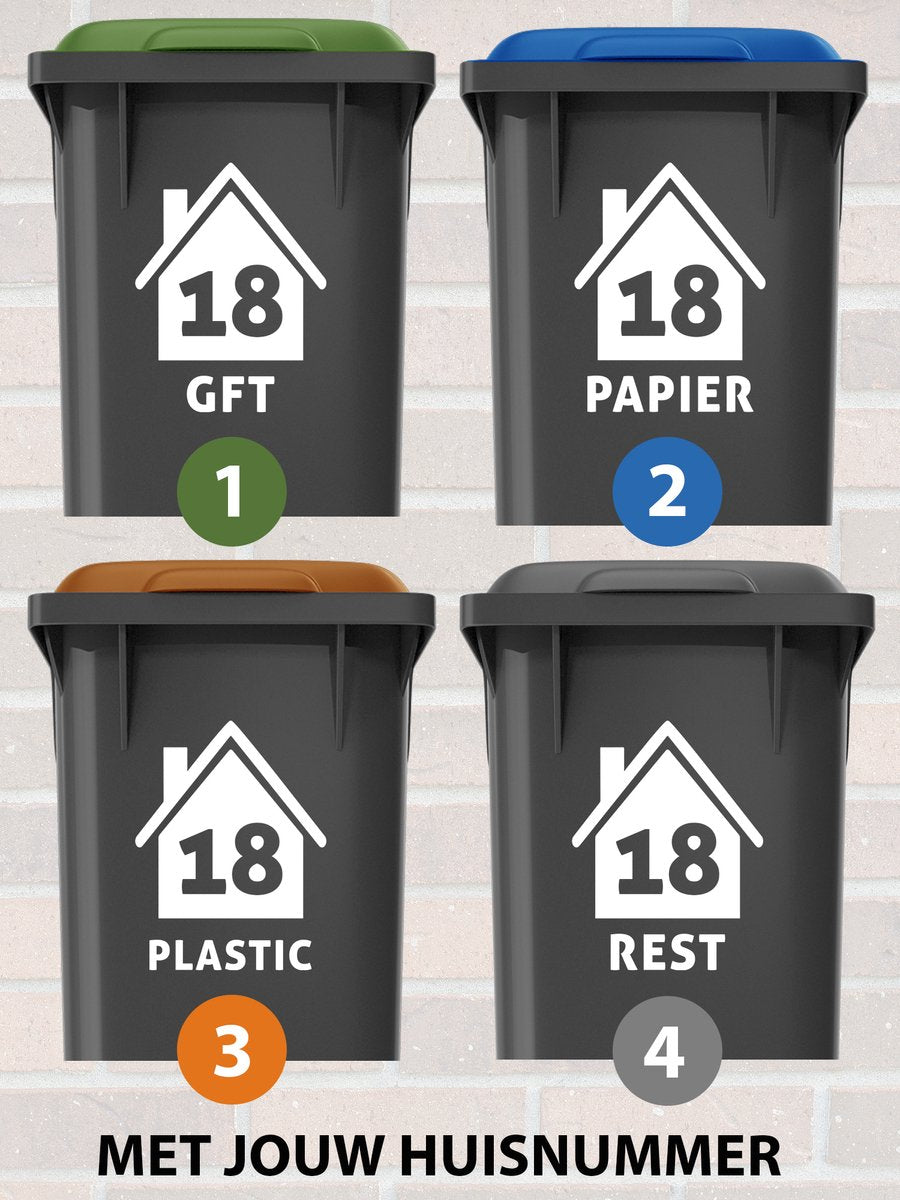 Container Stickers - 4 stuks - Huisjes met tekst - Gft, Papier, Plastic, rest - 15 x 20 cm – Kleurmedia®