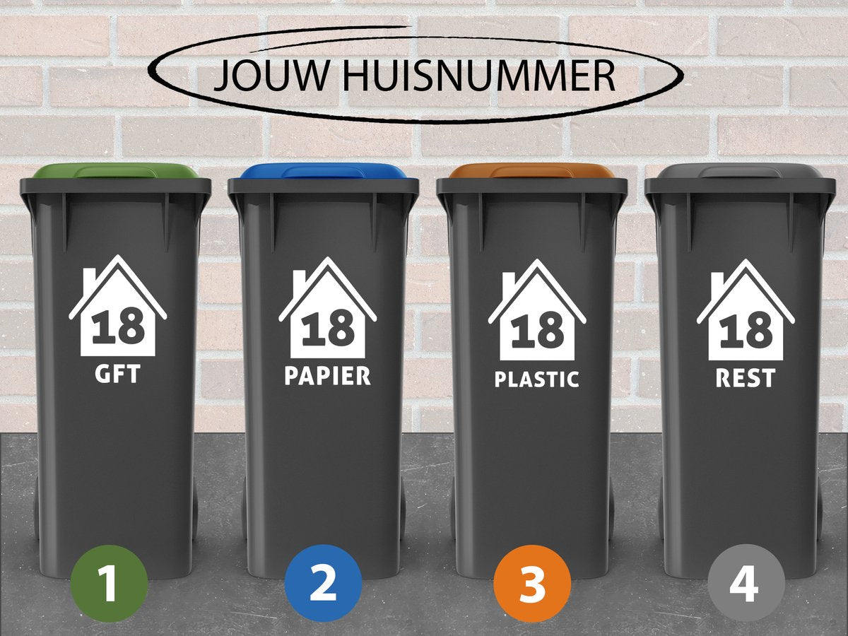 Container Stickers - 4 stuks - Huisjes met tekst - Gft, Papier, Plastic, rest - 15 x 20 cm - Kleurmedia Container Stickers - 4 stuks - Huisjes met tekst - Gft, Papier, Plastic, rest - 15 x 20 cm Containerstickers