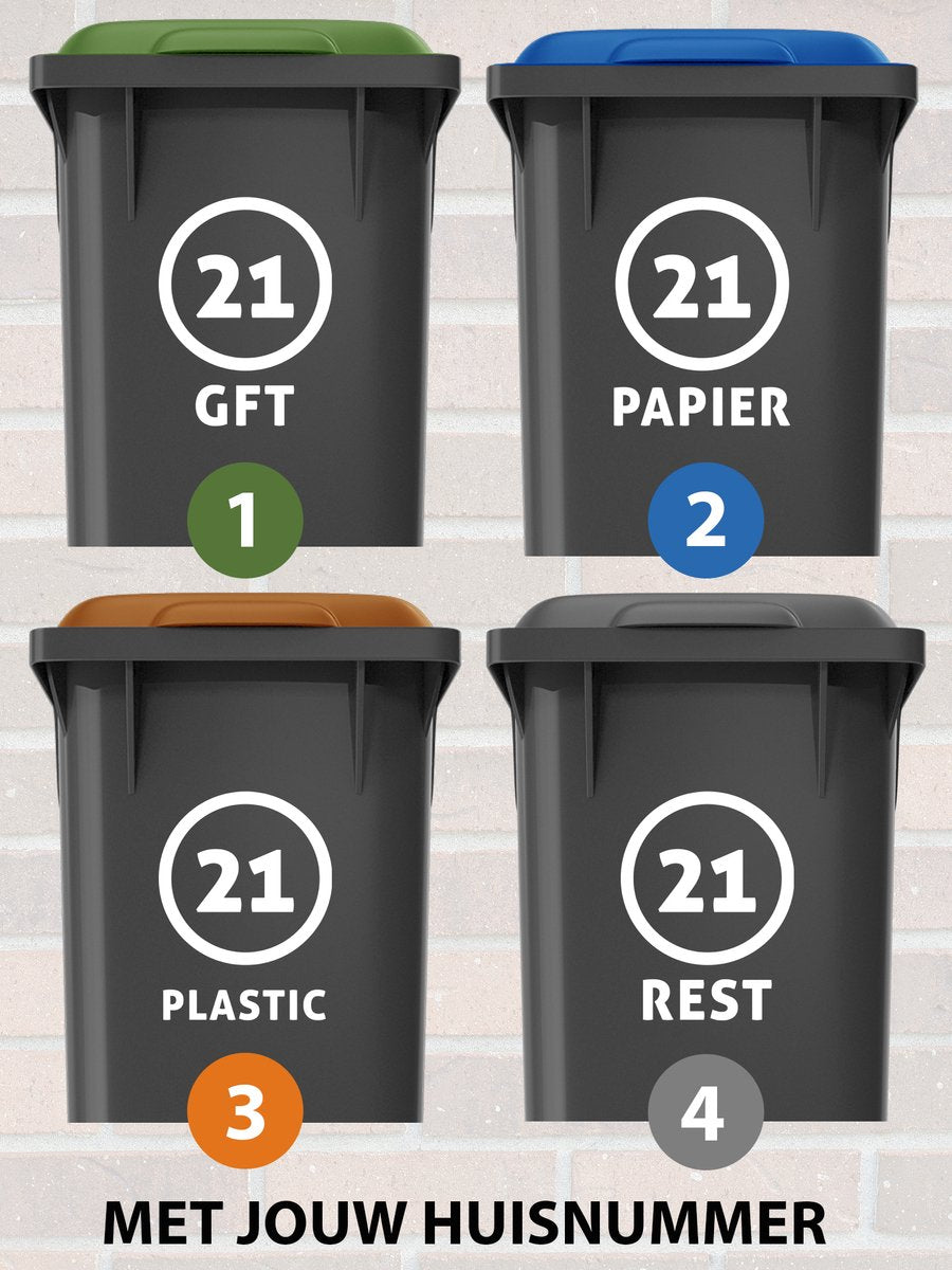 Container Stickers - 4 stuks - Rondje met tekst - Gft, Papier, Plastic, rest - 15 x 20 cm – Kleurmedia®