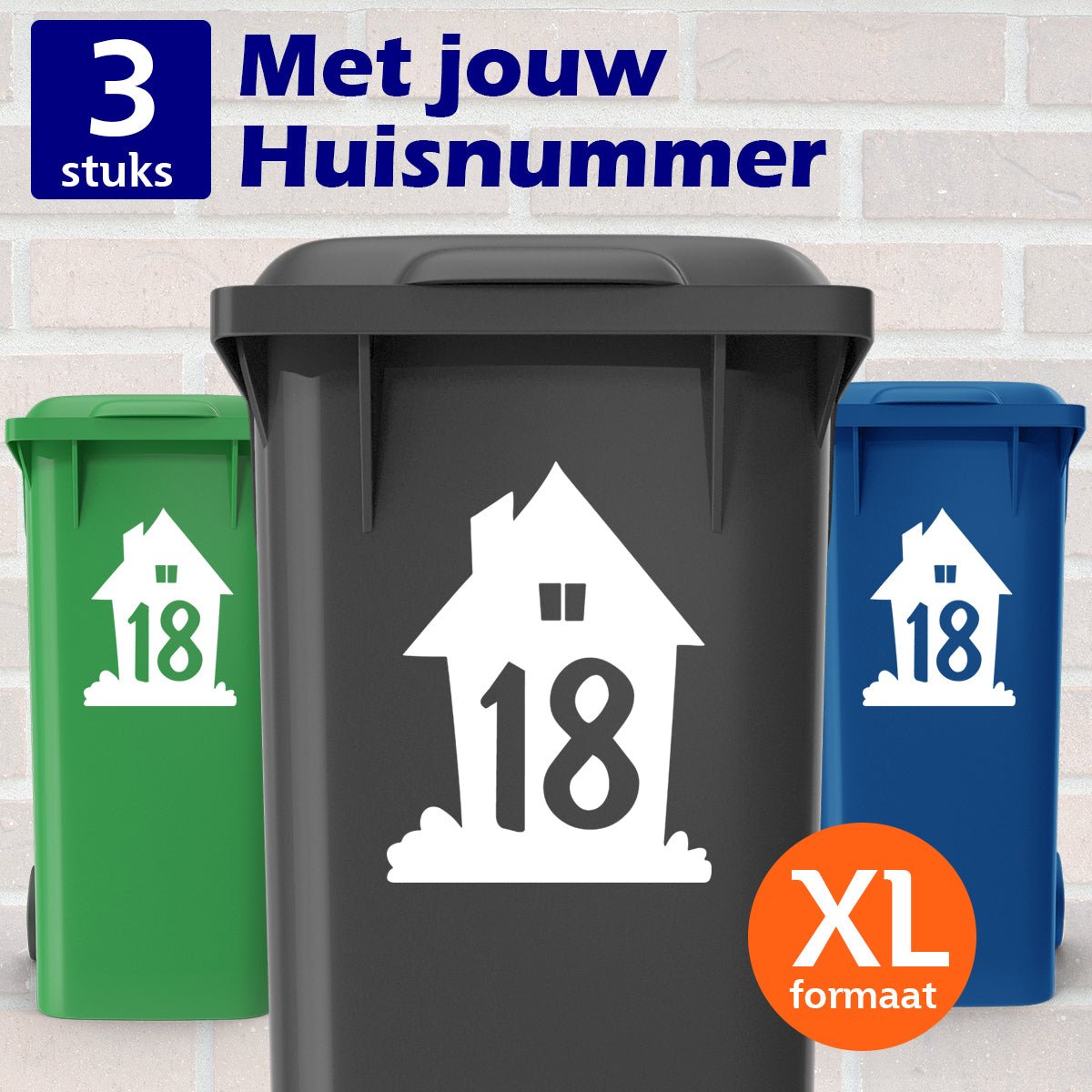 Container Stickers XL - Huisje met Gras & Huisnummer - Kleurmedia Container sticker - kliko - klikosticker met huisnummer Containerstickers
