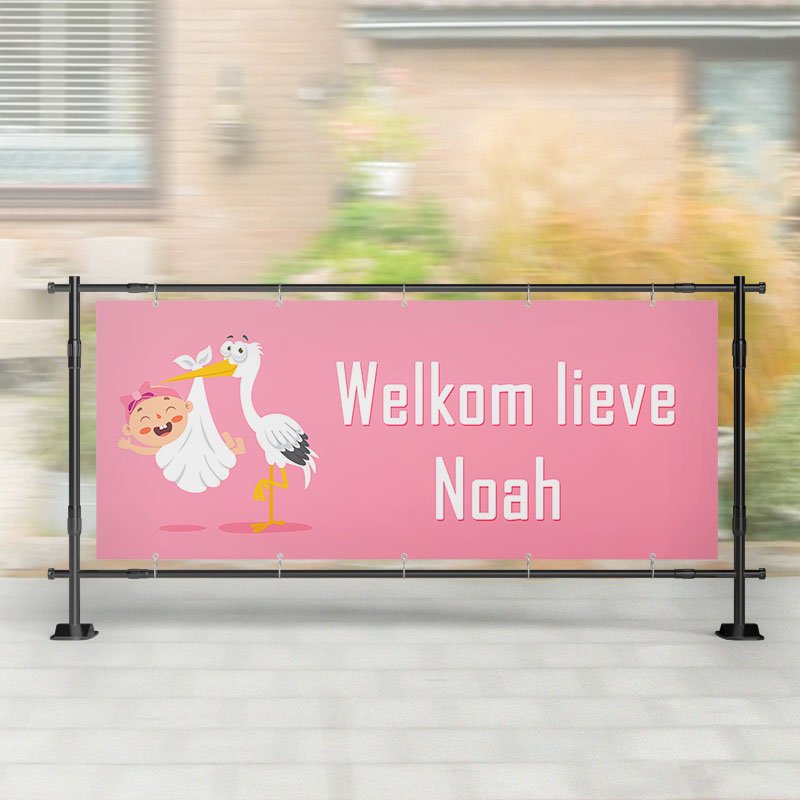 Geboorte spandoek | Ooievaar staat met Baby Roze – Kleurmedia®