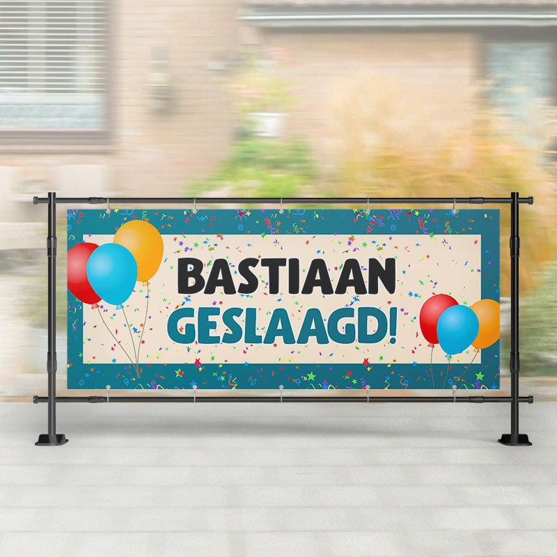 Spandoek Geslaagd | Groen/Blauw met Ballonnen – Kleurmedia®