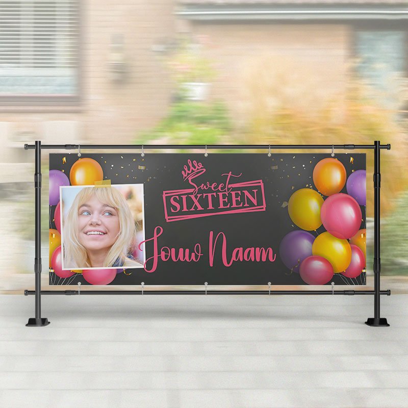 Spandoek Sweet Sixteen - Gekleurde ballonnen - Spandoek 16 Jaar – Kleurmedia®
