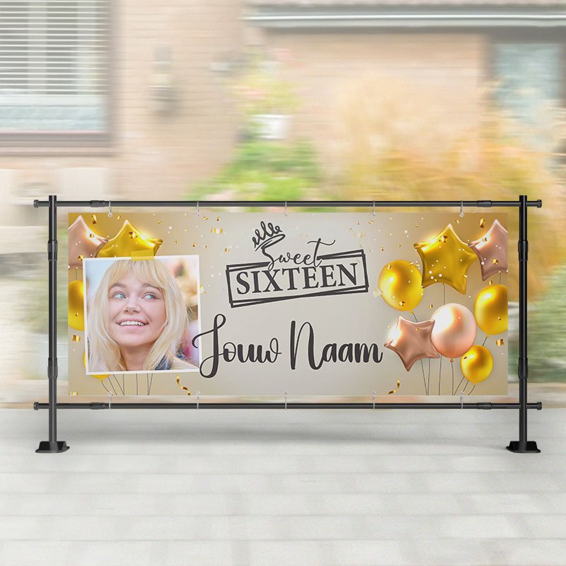 Spandoek Sweet Sixteen - Roze Geel ballonnen - Spandoek 16 Jaar – Kleurmedia®