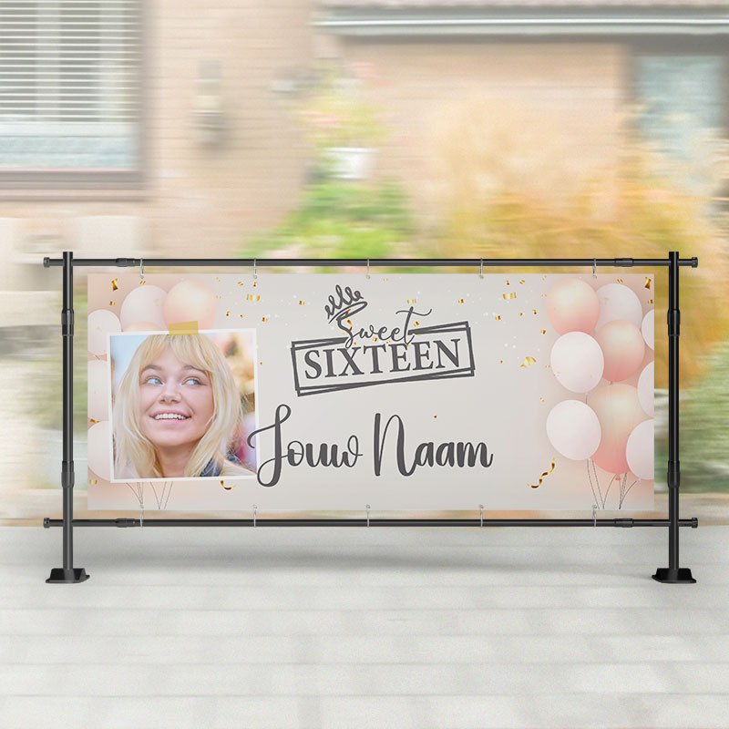 Spandoek Sweet Sixteen - Roze Wit ballonnen - Spandoek 16 Jaar – Kleurmedia®