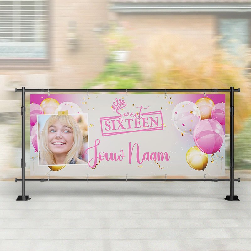 Spandoek Sweet Sixteen - Roze Wit Goud ballonnen - Spandoek 16 Jaar – Kleurmedia®